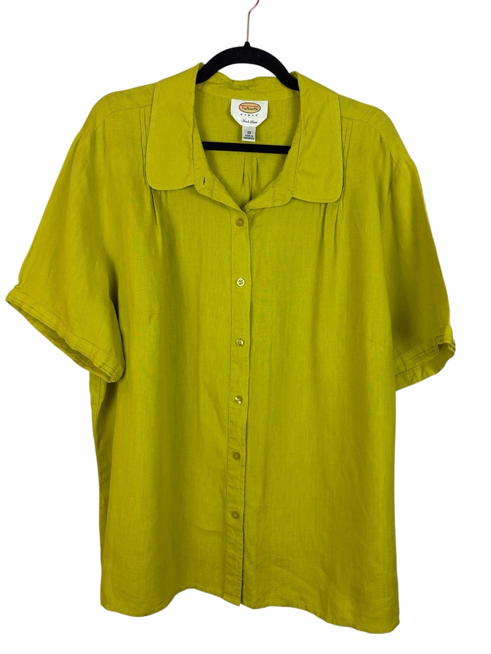 Talbots Woman 3X 100% Linen Button Front Shirt Lime Green Short Sleeve Blouse